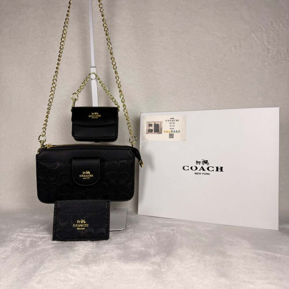 Coach Black Leather Embossed Signature Crossbody Bag, Mini Bag, and Wallet Set